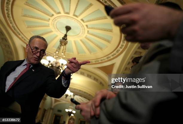 Senate Minority Leader Charles Schumer speaks during a news conference on Capitol Hill on March 14, 2017 in Washington, DC. Republican and Democratic...