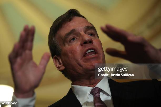 Sen. Mark Warner speaks during a news conference on Capitol Hill on March 14, 2017 in Washington, DC. Republican and Democratic senators answered a...