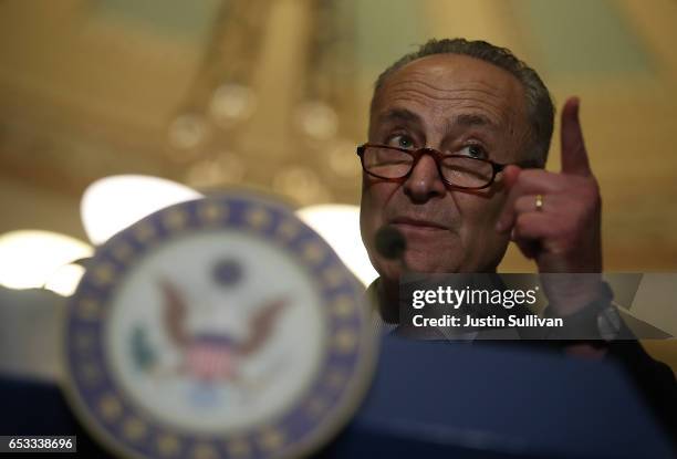 Senate Minority Leader Charles Schumer speaks during a news conference on Capitol Hill on March 14, 2017 in Washington, DC. Republican and Democratic...