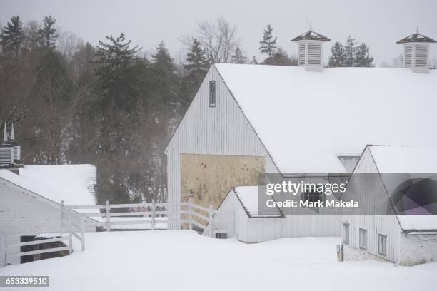 March 14: Snow blankets a farm on the grounds at Valley Forge National Historical Park March 14, 2017 in Valley Forge, Pennsylvania. A blizzard is...