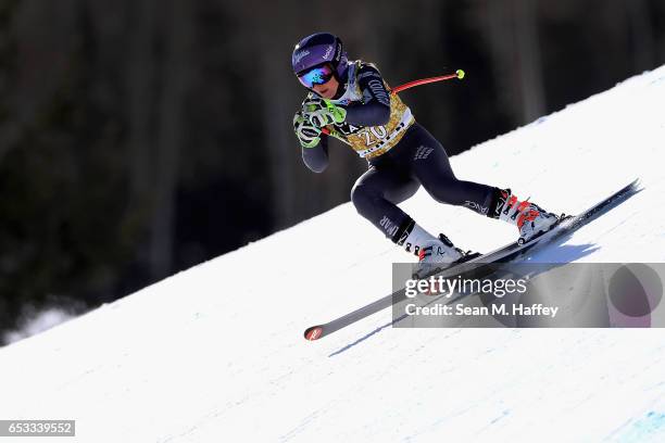 Tesa Worley of France skis during a training run for the ladies' downhill at the Audi FIS Ski World Cup Finals at Aspen Mountain at Aspen Mountain on...