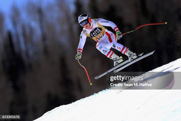 Ramona Siebenhofer of Austria skis during a training run for the ladies' downhill at the Audi FIS Ski World Cup Finals at Aspen Mountain at Aspen...