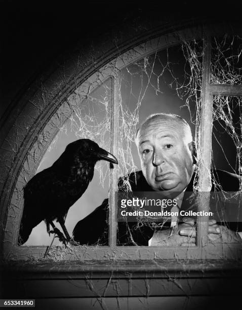 Director Alfred Hitchcock poses for a portrait with a bird to publicize the release of his movie "The Birds" which came out on March 29, 1963.