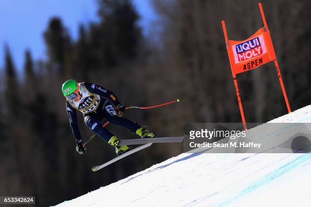 Johanna Schnarf of Italy skis during a training run for the ladies' downhill at the Audi FIS Ski World Cup Finals at Aspen Mountain at Aspen Mountain...