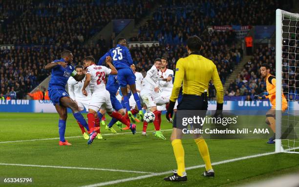 Wes Morgan of Leicester City scores a goal to make it 1-0 during the UEFA Champions League Round of 16 second leg match between Leicester City and...