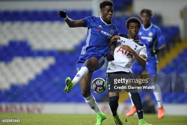 Ike Ugbo of Chelsea and Kazaiah Sterling of Tottenham Hotspur during a FA Youth Cup Semi Final, First Leg match between Tottenham Hotspur v Chelsea...