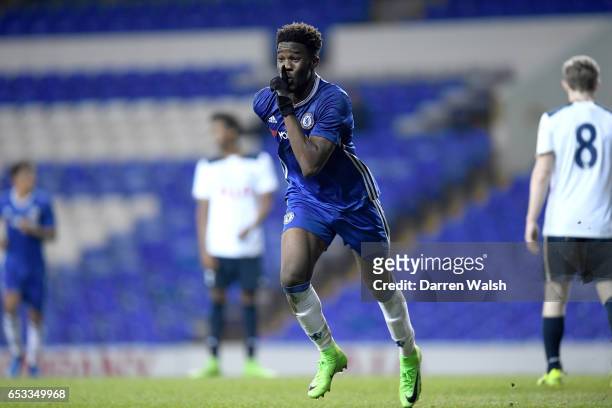 Ike Ugbo of Chelsea celebrates his goal during a FA Youth Cup Semi Final, First Leg match between Tottenham Hotspur v Chelsea at White Hart Lane on...
