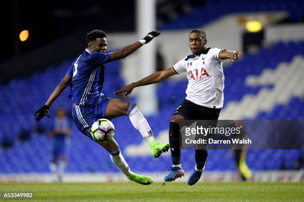 Ike Ugbo of Chelsea and Japhet Tanganga of Tottenham Hotspur during a FA Youth Cup Semi Final, First Leg match between Tottenham Hotspur v Chelsea at...