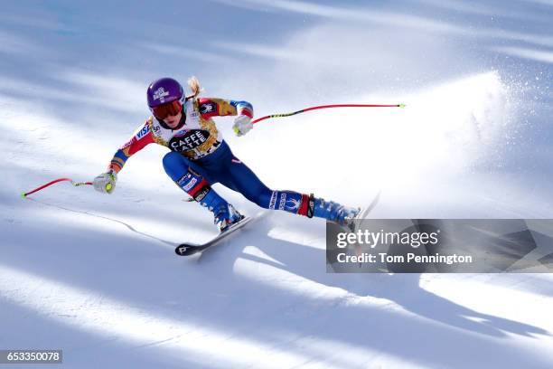 Laurenne Ross of the United States skis during a training run for the ladies' downhill at the Audi FIS Ski World Cup Finals at Aspen Mountain on...