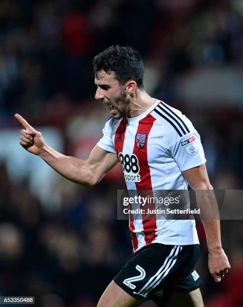 Maxime Colin of Brentford FC celebrates scoring the 1st goal during the Sky Bet Championship match between Brentford and Wolverhampton Wanderers at...