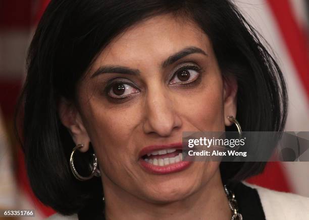 Seema Verma speaks during a swearing-in ceremony in the Vice President Mike Pence's ceremonial office at Eisenhower Executive Building March 14, 2017...