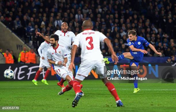 Marc Albrighton of Leicester City scores his team's second goal during the UEFA Champions League Round of 16, second leg match between Leicester City...