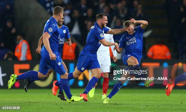 Marc Albrighton of Leicester City celebrates after scoring to make it 2-0 during the UEFA Champions League Round of 16 second leg match between...