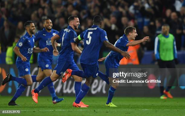 Marc Albrighton of Leicester City celebrates after scoring his team's second goal during the UEFA Champions League Round of 16, second leg match...