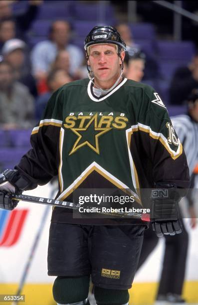 Brett Hull of the Dallas Stars skates on the ice during the game against the Los Angeles Kings at the STAPLES Center in Los Angeles, California. The...