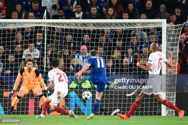 Leicester City's English midfielder Marc Albrighton scores their second goal during the UEFA Champions League round of 16 second leg football match...