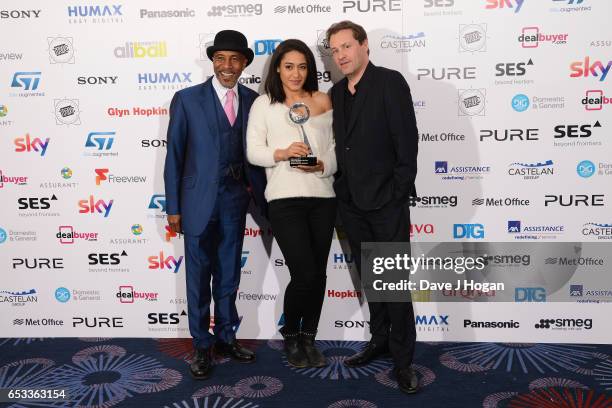 Danny John-Jules, Josephine Jobert and Ardal O'Hanlon with the award for Crime Programme of the Year pose in the winners room at the TRIC Awards 2017...