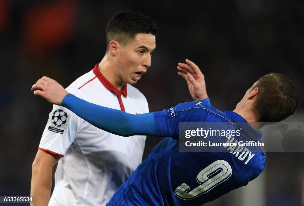 Samir Nasri of Sevilla and Jamie Vardy of Leicester City butt heads during the UEFA Champions League Round of 16, second leg match between Leicester...