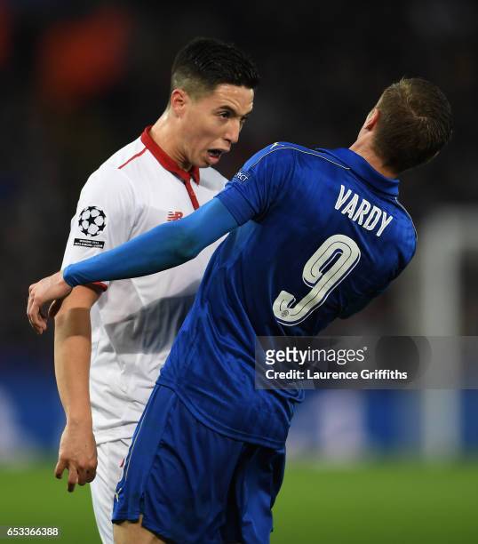 Samir Nasri of Sevilla and Jamie Vardy of Leicester City butt heads during the UEFA Champions League Round of 16, second leg match between Leicester...