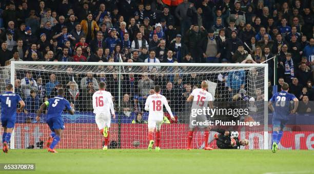 Kasper Schmeichel of Leicester City saves the penalty by Steven N'Zonzi of Sevilla during the UEFA Champions League Round of 16 match between...