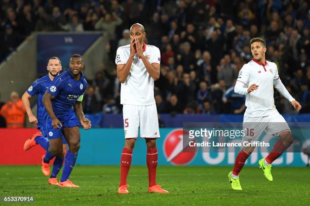 Steven N'Zonzi of Sevilla reacts after seeing his penalty saved by Kasper Schmeichel of Leicester City during the UEFA Champions League Round of 16,...