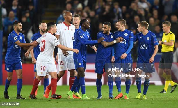 Samir Nasri of Sevilla and Jamie Vardy of Leicester City clash after Nasri was shown a red card during the UEFA Champions League Round of 16, second...