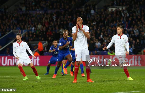 Steven N'Zonzi of Sevilla reacts after seeing his penalty saved during the UEFA Champions League Round of 16 second leg match between Leicester City...