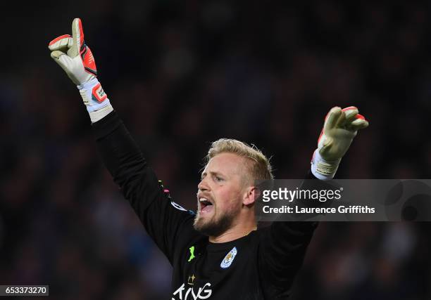 Kasper Schmeichel of Leicester City reacts during the UEFA Champions League Round of 16, second leg match between Leicester City and Sevilla FC at...