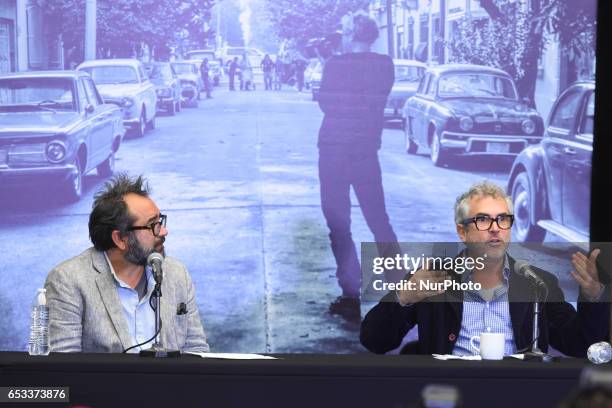 Mexican filmmaker Alfonso Cuaron and production designer Eugenio Caballero attends at Roma film press conference to promote the new film at Museo de...