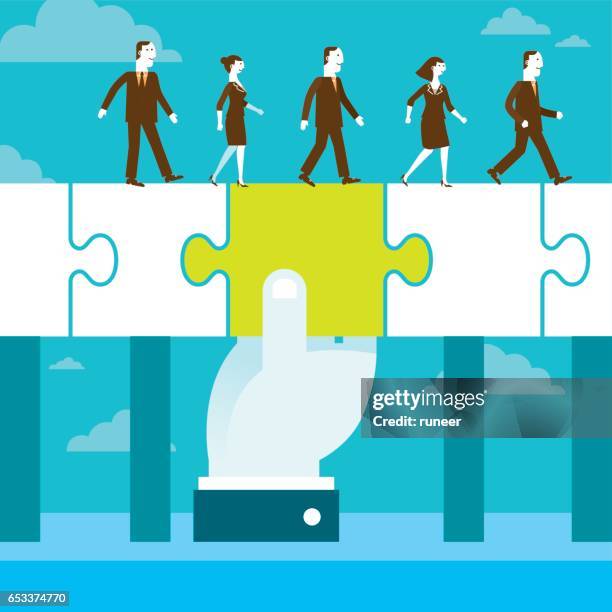 bridging the gap jigsaw puzzle piece | new business concept - leading people across a bridge stock illustrations