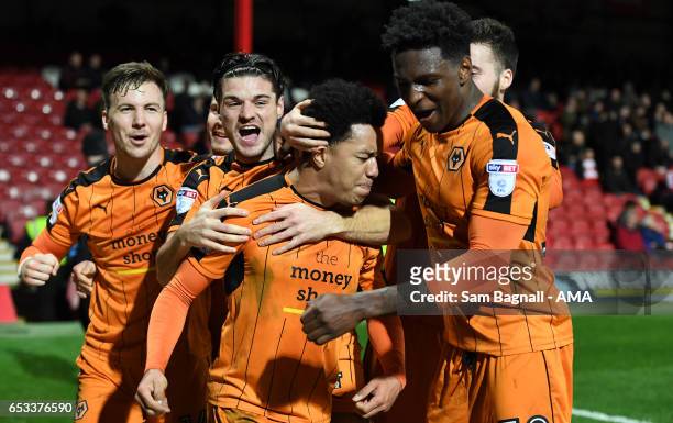 Helder Costa of Wolverhampton Wanderers celebrates after scoring a goal to make it 1-2 during the Sky Bet Championship match between Brentford and...