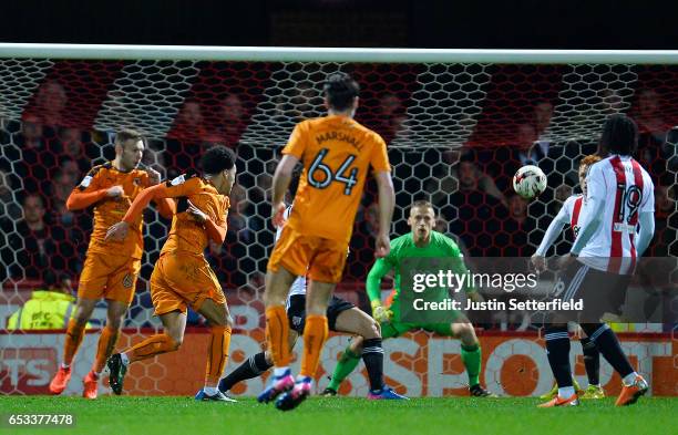 Helder Costa of Wolves scores the 2nd Wolves goal during the Sky Bet Championship match between Brentford and Wolverhampton Wanderers at Griffin Park...