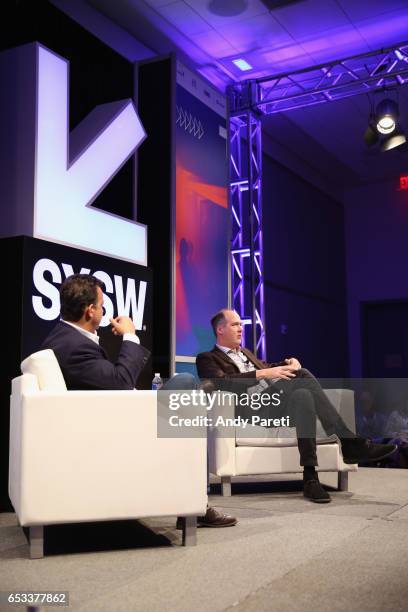 Dave Daley of FairVote and Krist Novoselic of Nirvana speak onstage at 'A Conversation With Krist Novoselic' during 2017 SXSW Conference and...