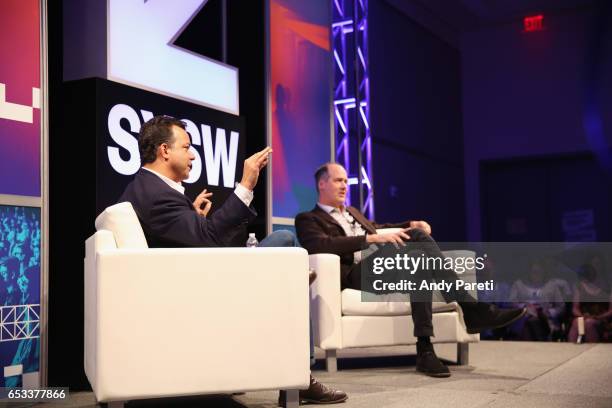 Dave Daley of FairVote and Krist Novoselic of Nirvana speak onstage at 'A Conversation With Krist Novoselic' during 2017 SXSW Conference and...