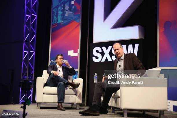 Dave Daley of FairVote and Krist Novoselic of Nirvana speak onstage at 'A Conversation With Krist Novoselic' during 2017 SXSW Conference and...