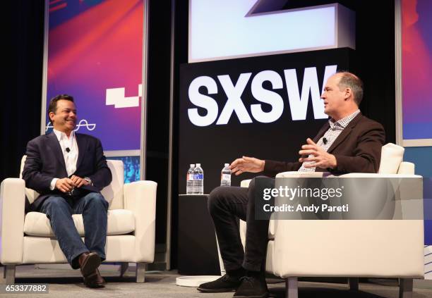 Dave Daley of FairVote and Krist Novoselic of Nirvana speak onstage at 'A Conversation With Krist Novoselic' during 2017 SXSW Conference and...