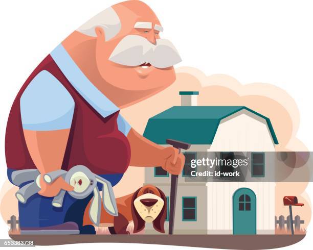 old man walking with dog - fat bunny stock illustrations