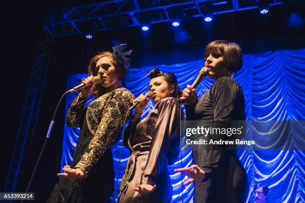 Aubrey Logan, Sara Niemietz and Ariana Savalas of Scott Bradlee's Postmodern Jukebox perform at O2 Academy Leeds on March 14, 2017 in Leeds, United...