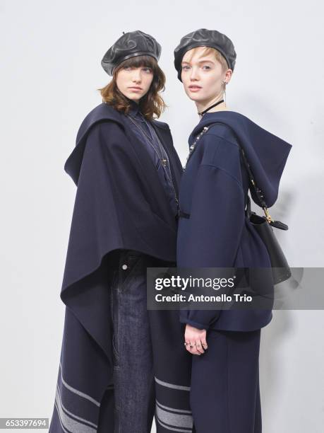 Models Grace Hartzel and Ruth Bell prepares backstage before the Christian Dior show as part of the Paris Fashion Week Womenswear Fall/Winter...