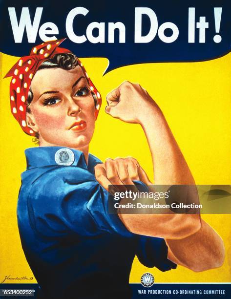 World War II color poster depicting 'Rosie the Riveter' encourages American women to show their strength and go to work for the war effort by J....