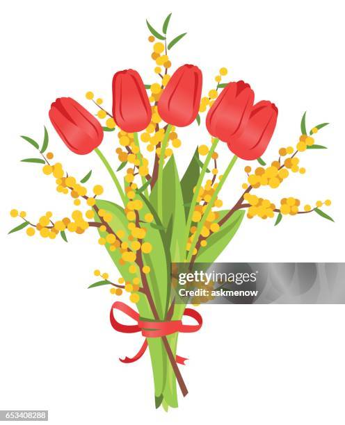 bouquet von roten tulpen und mimosen - blumenstrauß freisteller stock-grafiken, -clipart, -cartoons und -symbole