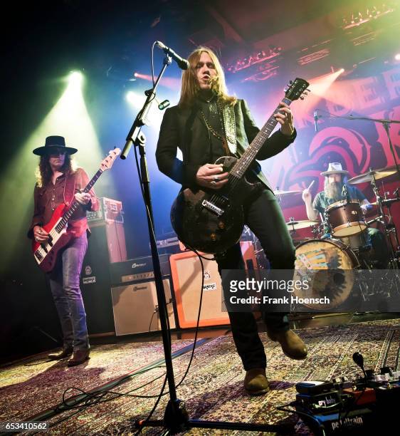 Richard Turner, Charlie Starr and Brit Turner of the American band Blackberry Smoke perform live during a concert at the Columbia Theater on March...
