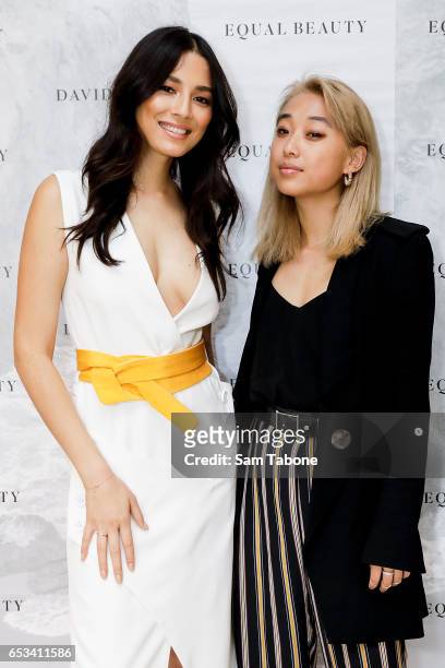 Jessica Gomes and Margaret Zhang during the launch of 'Equal Beauty' beauty line at David Jones Bourke Street on March 15, 2017 in Melbourne,...