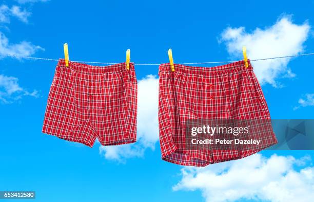 small and obese boxer shorts on washing line - shorts stock pictures, royalty-free photos & images