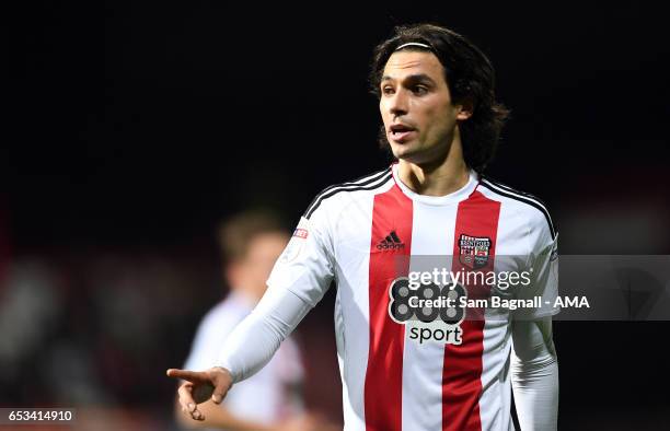 Jota of Brentfordduring the Sky Bet Championship match between Brentford and Wolverhampton Wanderers at Griffin Park on March 14, 2017 in Brentford,...