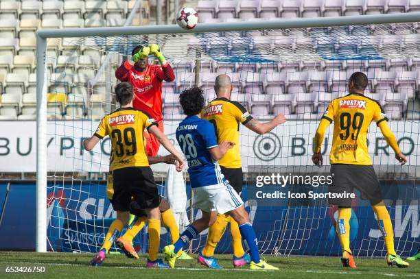 Goalkeeper Yvon Mvogo makes a save during the Swiss Super League match between FC Lausanne-Sport and BSC Young Boys, at Stade Olympique de la...