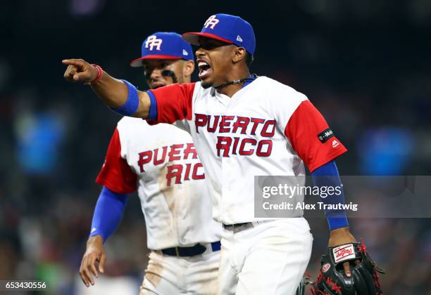 Francisco Lindor of Team Puerto Rico reacts after the third out of the top of the sixth inning of Game 1 of Pool F of the 2017 World Baseball Classic...