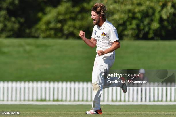 Sam Wells of Otago celebrates after dismissing Chad Bowes of Canterbury during the Plunket Shield match between Canterbury and Otago on March 15,...