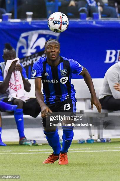 Look on Midfielder Ballou Jean-Yves Tabla looking at the ball in the air during the Seattle Sounders FC versus the Montreal Impact game on March 11...