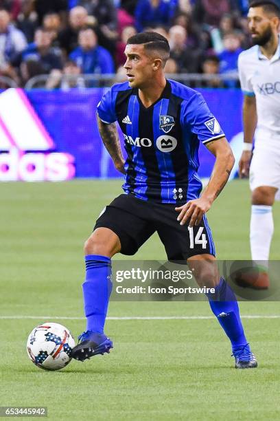 Look on Midfielder Adrian Arregui controlling the ball during the Seattle Sounders FC versus the Montreal Impact game on March 11 at Montreal Olympic...